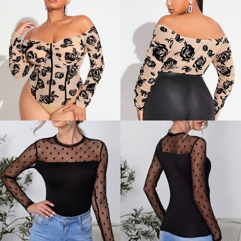 Shein Curve Two Top Bundle Mesh Floral Bodysuit + Polka Dot Mesh Slv Top Size 3X
